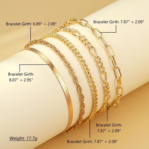 5 Pcs Stackable Paperclip Link Herringbone Figaro Rope Cuban Chain Bracelets Set - Picture 13 of 14